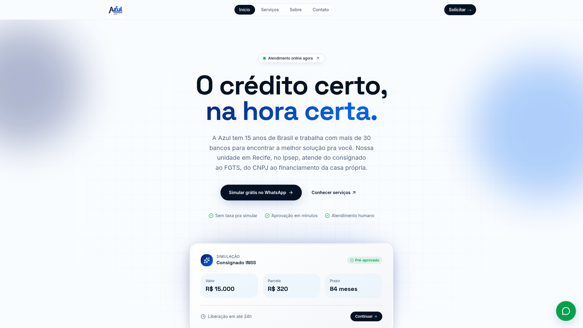 Screenshot do site Azul Empréstimos, crédito consignado em Recife