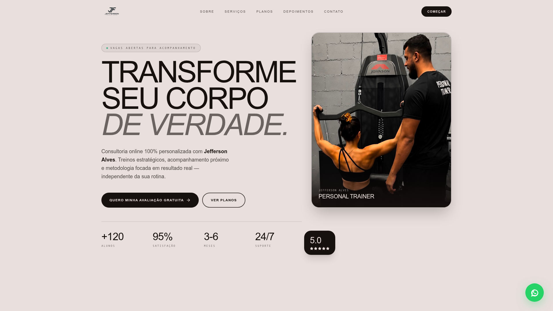 Screenshot do site Jefferson Personal, consultoria de personal trainer