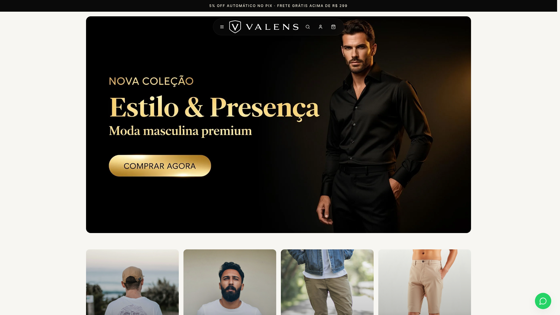 Screenshot da loja Valens Casual, e-commerce de moda masculina