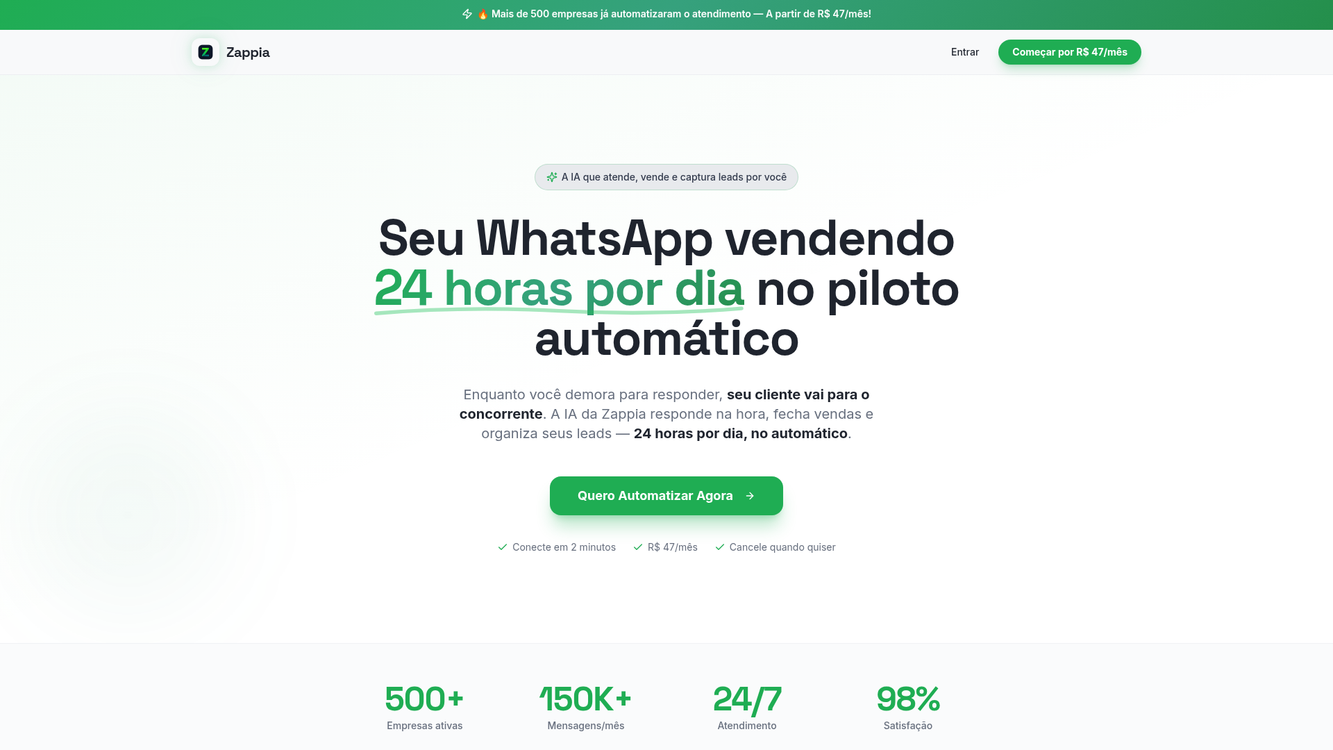 Screenshot do site Zappia, plataforma de IA para WhatsApp
